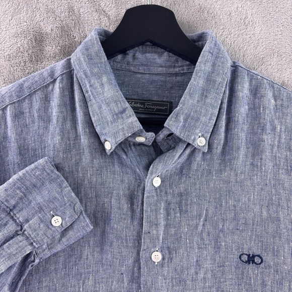 Salvatore Ferragamo Other - Salvatore Ferragamo Button Down Shirt Mens Size XXL Blue Linen Long Sleeve